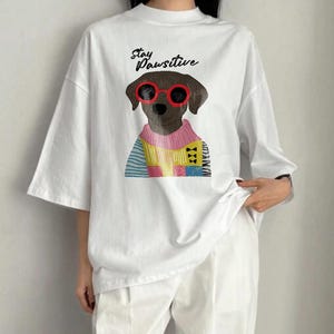 Unisex Dog Graphic Tee, Stay Pawsitive Quote with Cute Cartoon Dog ,Pet Lover Shirt