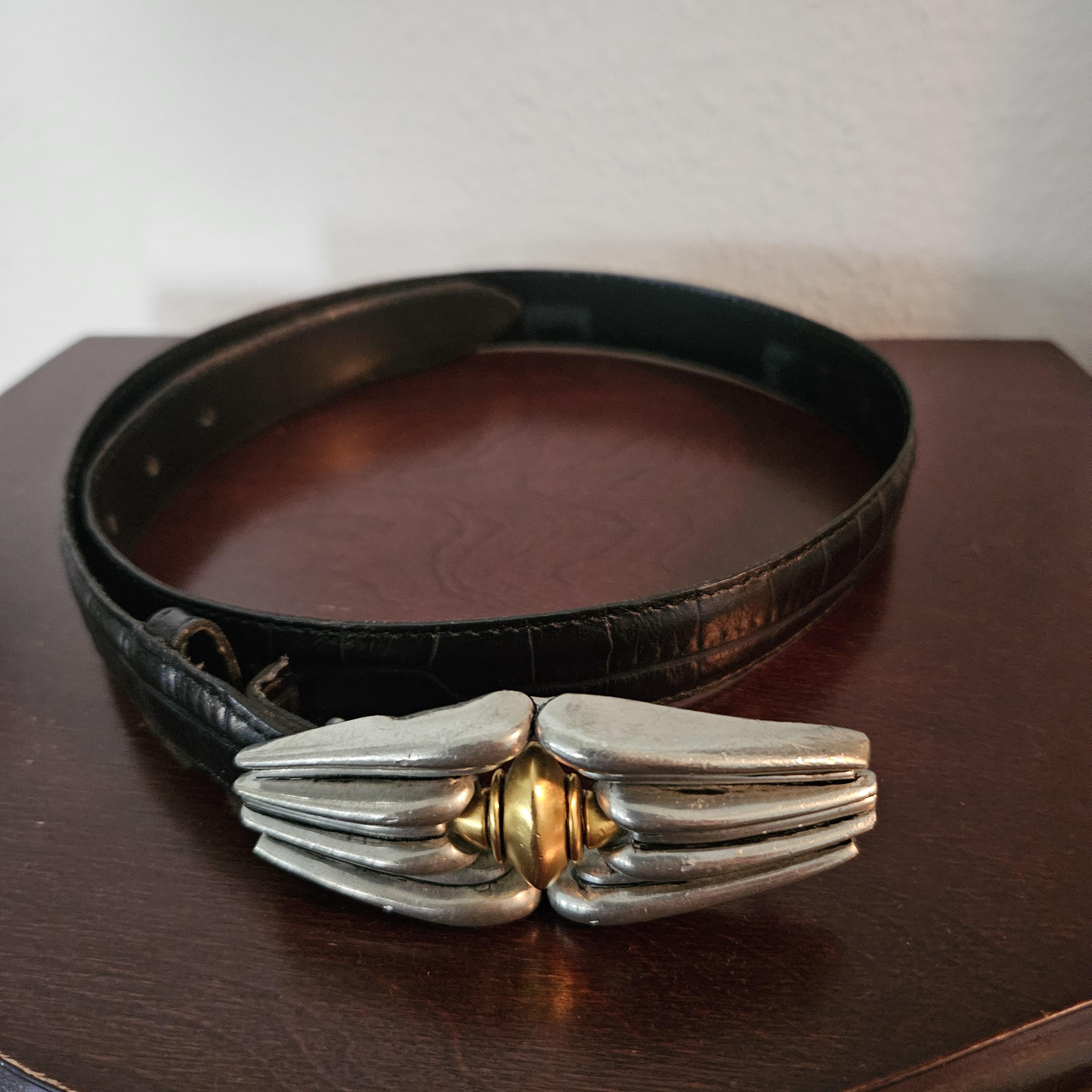 CARLISLE Vintage Leather Black Belt Adjustable Silver and  display picture 2