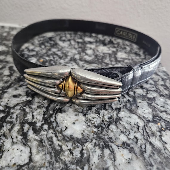 CARLISLE Vintage Leather Black Belt Adjustable Silver and  display picture 3