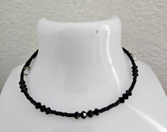 Dainty Black Seed Bead Choker Necklace Swarovski Crystal Gothic Chic Victorian collar fashion jewelry