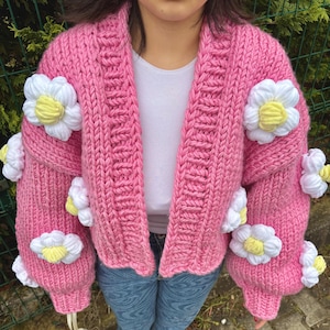 Handmade Daisy Flower 3D Cardigan, Floral Crochet Knitted Cardigan, Balloon Sleeve Pink Sweater, Chunky Knit Fluffy Cardigan Trendy Knitwear