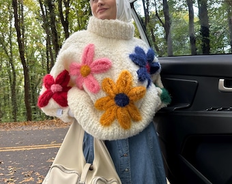 Maglione lavorato a maglia floreale fatto a mano, dolcevita spesso, fiori 3D oversize