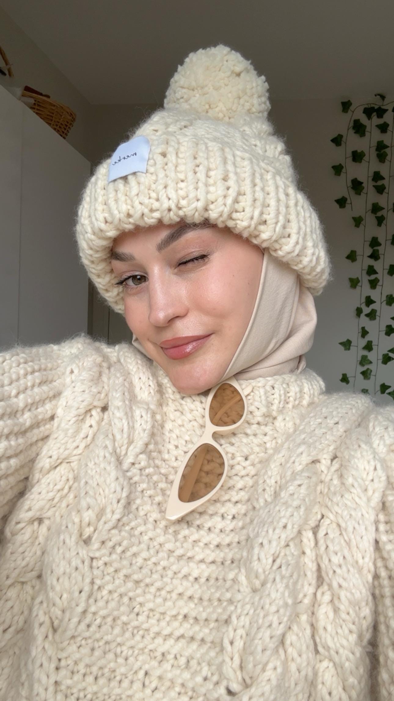 Handmade Cream Cable Knit Sweater and Beanie Set, Oversized 