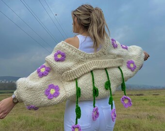 Handmade Chunky Knit Flower Cardigan, Crochet Cropped Jacket