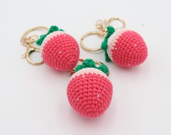 Crochet Strawberry Keychain – Handmade Yarn Fruit Charm, Bag Accessory
