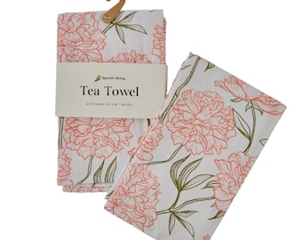 Peony Floral Kitchen Tea Towels – Set of 2 | 100% Cotton Dish Towels