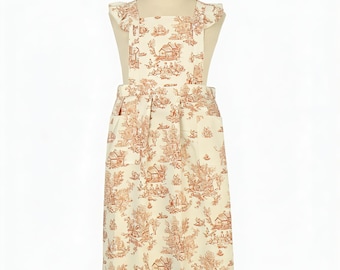 Vintage Baumwollschürze mit puffed Schulterriemen | Sepia Toile Küchenschürze