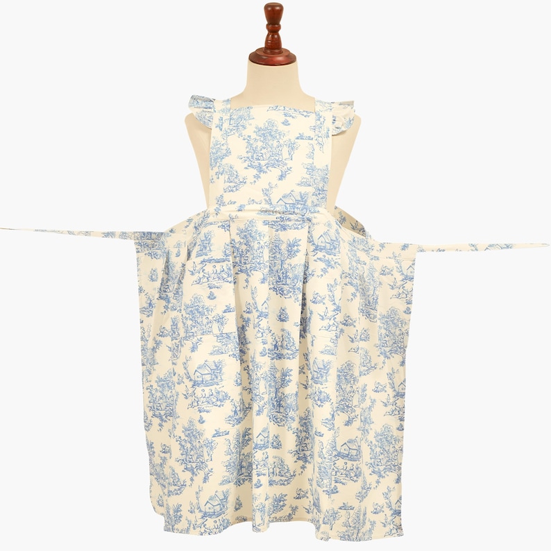 Vintage Baumwollschürze mit puffed Schulterriemen | Blaue Toile Küchenschürze Bild 2