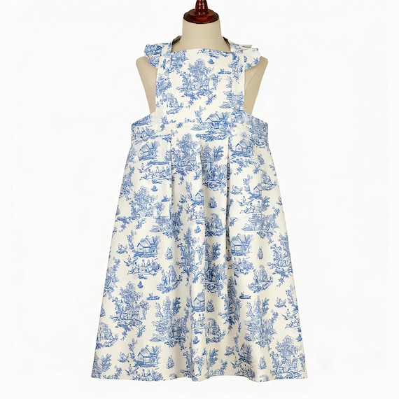 Vintage Cotton Apron – Puffed Shoulder Straps | Blue Toile Kitchen Apron