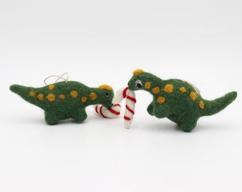 Felt Dinosaur Christmas Ornament - Green Dino with Candy Canes