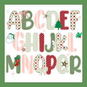 May include: A festive alphabet design featuring letters A through R in various patterns. The letters are decorated with gingham, stripes, and polka dots in red, green, and pink, with lace trim and Christmas-themed embellishments like stars and a Christmas tree.