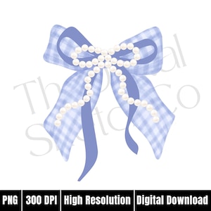 Pearl Blue and White Gingham Bow Coquette PNG ClipArt Collage Blue Preppy Bow Clip Art Ribbon White Bow Coquette Birthday Baby Design