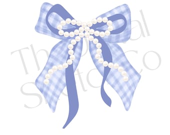 Pearl Blue and White Gingham Bow Coquette PNG ClipArt Collage Blue Preppy Bow Clip Art Ribbon White Bow Coquette Birthday Baby Design