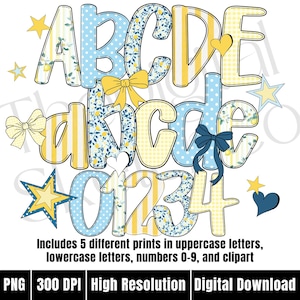 May include: Digital download featuring uppercase and lowercase letters, numbers, and clipart. The design includes the letters A, B, C, D, and E, along with the numbers 0, 1, 2, 3, and 4. The letters and numbers are in blue and yellow with floral and polka dot patterns.
