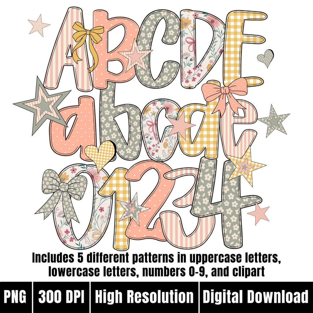 Preppy Gingham Floral Doodle Alphabet Grandmillennial Numbers Letters ...