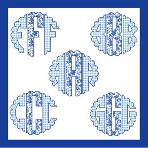 May include: Five monogram designs in a scalloped circle shape. Each monogram features a letter in a blue floral pattern, set against a blue and white gingham background. The letters are FFF, ARB, AHH, CCG, and GHG.