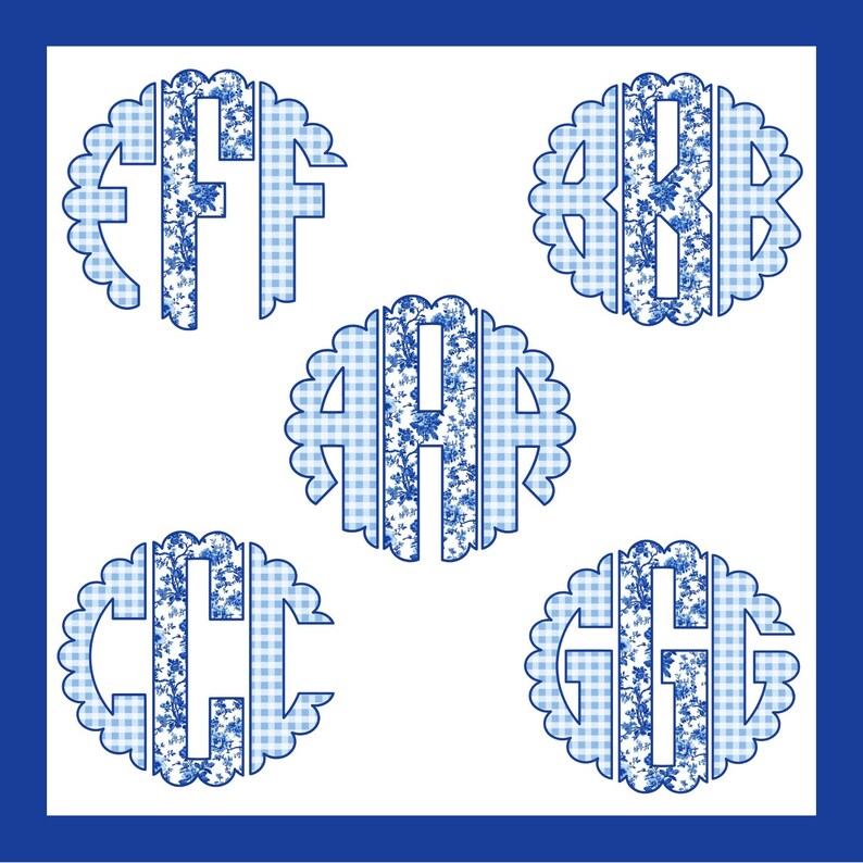 May include: Five monogram designs in a scalloped circle shape. Each monogram features a letter in a blue floral pattern, set against a blue and white gingham background. The letters are FFF, ARB, AHH, CCG, and GHG.