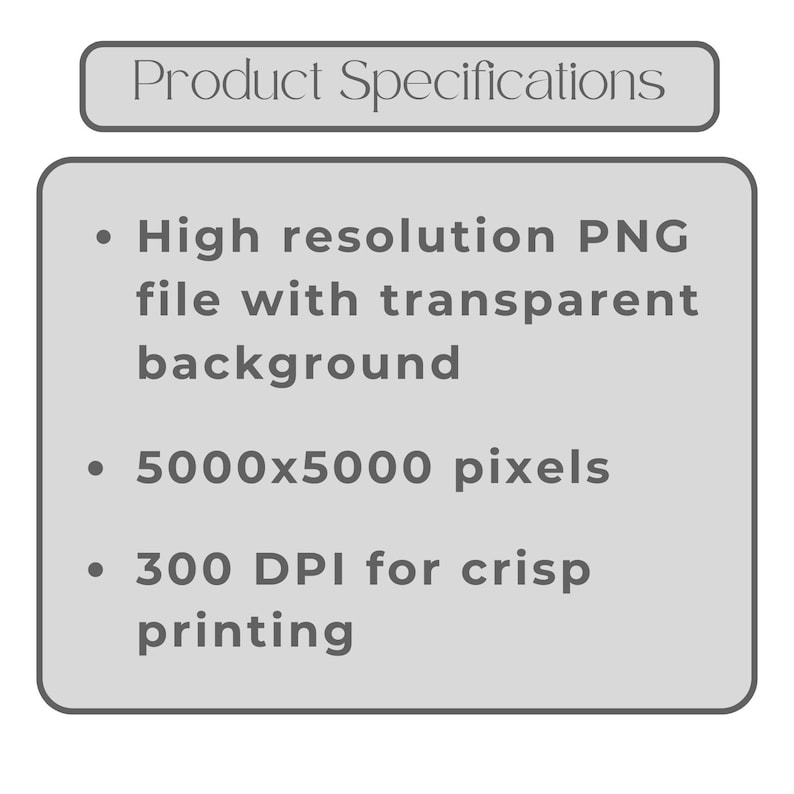 May include: A graphic with the text "Product Specifications" at the top. Below, a list details the product as a high-resolution PNG file with a transparent background, 5000x5000 pixels, and 300 DPI for crisp printing.