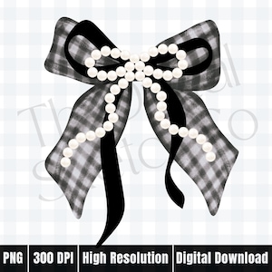 May include: A digital illustration of a decorative bow. The bow features a black and white gingham pattern with a solid black center and streamers. A strand of white pearls is draped across the center of the bow. The image includes the text "PNG 300 DPI High Resolution Digital Download."