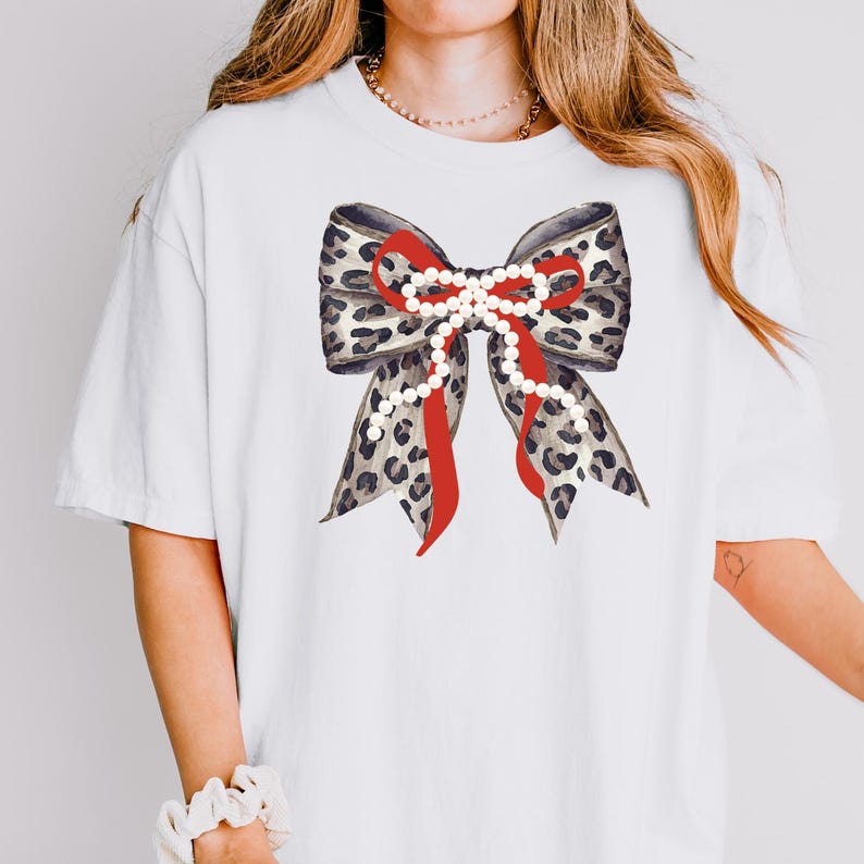 Leopard and Pearl Holiday Bow PNG Coquette Autumn Animal Print Design Trendy Watercolor Cheetah Ribbon Digital Download Christmas Bow Shirt