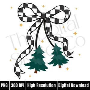K&ouml;nnte beinhalten: Eine digitale Illustration einer schwarz-wei&szlig; karierten Schleife mit zwei gr&uuml;nen Weihnachtsb&auml;umen und goldenen Sternen. Die Schleife hat lange, flie&szlig;ende B&auml;nder. Das Bild ist mit "PNG 300 DPI High Resolution Digital Download" beschriftet.