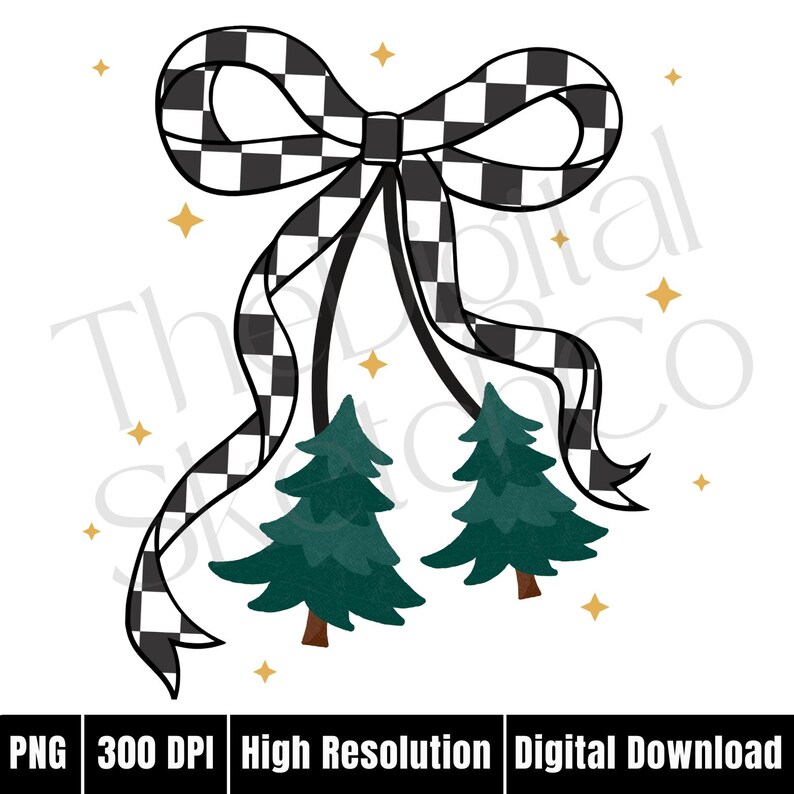 K&ouml;nnte beinhalten: Eine digitale Illustration einer schwarz-wei&szlig; karierten Schleife mit zwei gr&uuml;nen Weihnachtsb&auml;umen und goldenen Sternen. Die Schleife hat lange, flie&szlig;ende B&auml;nder. Das Bild ist mit "PNG 300 DPI High Resolution Digital Download" beschriftet.