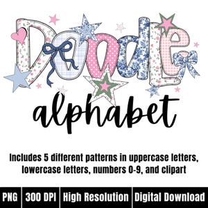 Doodle Bubble Letters Trendy Pink Gingham Alphabet Clipart for Baby Shower Pastel Alphabet PNG Floral Font Alpha Set Plaid Digital Download
