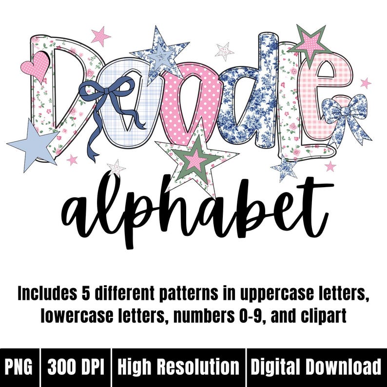 Coquette Preppy Alphabet PNG Blue Floral Letter Canva Doodle Alpha Set ...