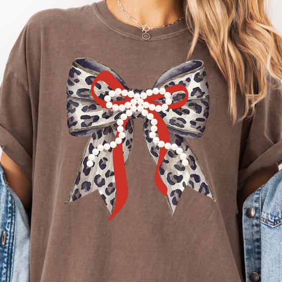 Leopard and Pearl Holiday Bow PNG Coquette Autumn Animal Print Design Trendy Watercolor Cheetah Ribbon Digital Download Christmas Bow Shirt