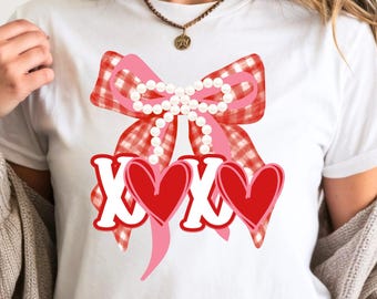 Gingham and Pearl Coquette Valentines XOXO Bow PNG Digital Download Trendy Love Ribbon