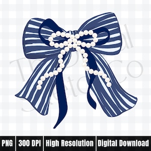 May include: A navy blue and white striped bow with a pearl strand center. The bow has long, flowing tails and is a digital download. The image is high resolution and is in PNG format.