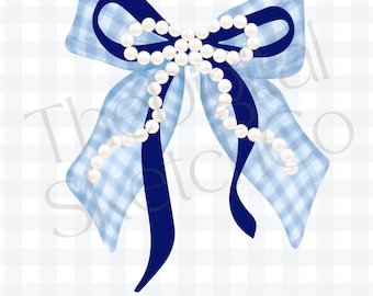 Blue Gingham Bow Pearl Coquette PNG Grandmillennial Christmas ClipArt Vintage Blue Holiday Ribbon Clip Art Plaid Preppy Trendy Winter Cozy