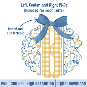 May include: A digital design featuring a letter "K" in a yellow gingham pattern, framed by a scalloped edge with blue floral accents. A blue bow tops the design. Text includes "Left, Center, and Right PNGs Included for Each Letter" and "bow clipart also included."