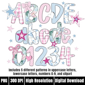Pastel Cottagecore Alphabet PNG Set Bubble Letters Grandmillennial Font Canva Doodle Gingham Alpha Preppy Floral Coquette ABC Hand Drawn