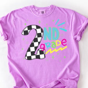 Retro Back to School Second Grade PNG Bright Preppy Checkered 2nd Grade Sublimation First Day of School Designs Neon Retro Teacher Shirt