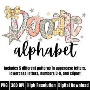以下が含まれることがあります： カラフルなパターンで「Doodle」という単語が描かれたデジタルデザイン。下には黒い筆記体で「alphabet」という単語があります。デザインには星とリボンが含まれています。テキストには、大文字と小文字、数字、クリップアートが含まれていると書かれています。