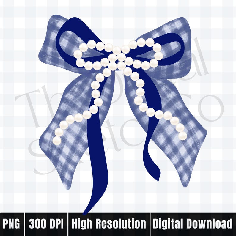 May include: A digitally rendered blue bow with a gingham pattern and a solid blue ribbon. The bow is adorned with a string of white pearls. The image is labeled "PNG 300 DPI High Resolution Digital Download."