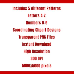 May include: White background with red border and text. The text includes "Includes 5 different Patterns", "Letters A-Z", "Numbers 0-9", "Coordinating Clipart Designs", "Transparent PNG Files", "Instant Download", "High Resolution", "300 DPI", and "5000x5000 pixels".