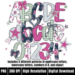 Trendy Alphabet PNG Bubble Letters Canva Doodle Alpha Set Floral Gingham Coquette Alphabet Preppy Grandmillenial Font with Numbers Clipart