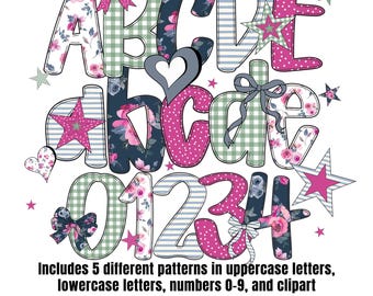 Alfabeto de moda PNG, letras de burbuja, Canva Doodle Alpha, conjunto floral de cuadros vichy, alfabeto coqueto, fuente preppy grandmillenial con números, clipart