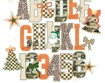 Camo Checked Doodle Alphabet PNG Christmas Leopard Font Pack Holiday Coquette Winter Brushstroke Patchwork Alpha Bundle Varsity Letters Xmas