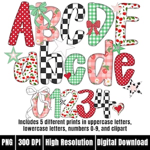 Retro Cherry Alphabet PNG Letters Canva Doodle Alpha Set Template Summer Gingham Alpha Doodle alphabet font Preppy Bright Alphabet PNG