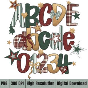 Puede incluir: Un diseño digital festivo con el alfabeto y los números, decorado con estrellas, lazos y corazones. Las letras y los números son de varios colores y patrones, incluyendo cuadros y rayas. La imagen incluye el texto "PNG 300 DPI Alta Resolución Descarga Digital".