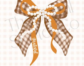 Grandmillennial Pearl Ribbon Fall PNG Brown Gingham Bow Coquette Clipart Cozy Autumn Plaid Preppy Grateful Shirt Design Retro Thanksgiving