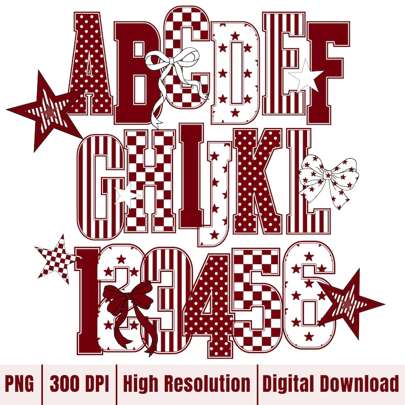 Puede incluir: Un dise&ntilde;o digital que presenta el alfabeto y los n&uacute;meros 1-6 en color granate con varios patrones, incluyendo lunares, rayas y cuadros. Las letras y los n&uacute;meros est&aacute;n decorados con estrellas y lazos. La imagen tambi&eacute;n incluye el texto "PNG 300 DPI Alta Resoluci&oacute;n Descarga Digital".