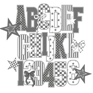 May include: A grayscale graphic featuring the alphabet and numbers, each letter and number is decorated with patterns like polka dots, stripes, and checkered designs. Stars and bows are also included in the design. The letters and numbers are in a bold, block style.