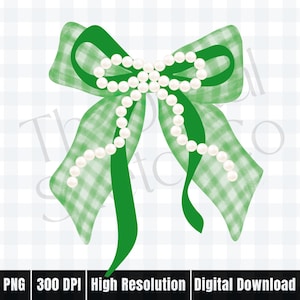 May include: A digital illustration of a green bow with a gingham pattern on the bow's loops and tails. The bow is adorned with a string of white pearls. The image includes the text "PNG 300 DPI High Resolution Digital Download."