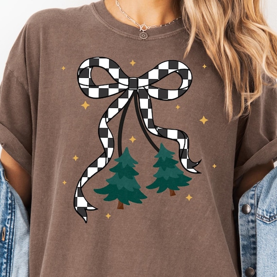 Preppy Christmas Tree PNG Retro Holiday PNG Winter Mama Coquette Festive Design Cozy Season PNG Checkered Bow Mommy and Me Shirt Xmas
