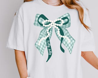 Grandmillennial Ribbon Gingham Bow PNG Pearl Green and White Plaid Coquette Christmas PNG Merry and Bright ClipArt Holiday Bow Xmas Girly