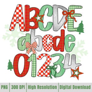 May include: A festive digital design featuring the alphabet and numbers 0-4. The letters and numbers are in red, green, and silver, with plaid, striped, and glitter patterns. Decorative bows, stars, and Christmas trees are included.